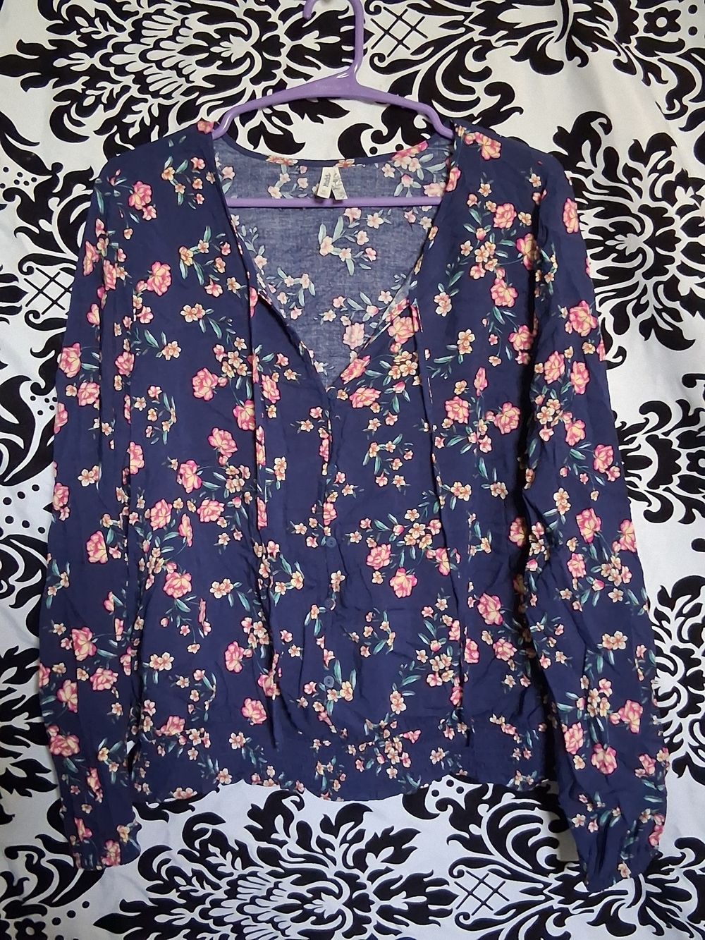Mudd Navy Floral V-Neck Tie-Front Blouse